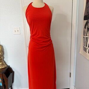 Anthropologie Orange Halter Maxi Dress Ruched Open Back Size L NWT